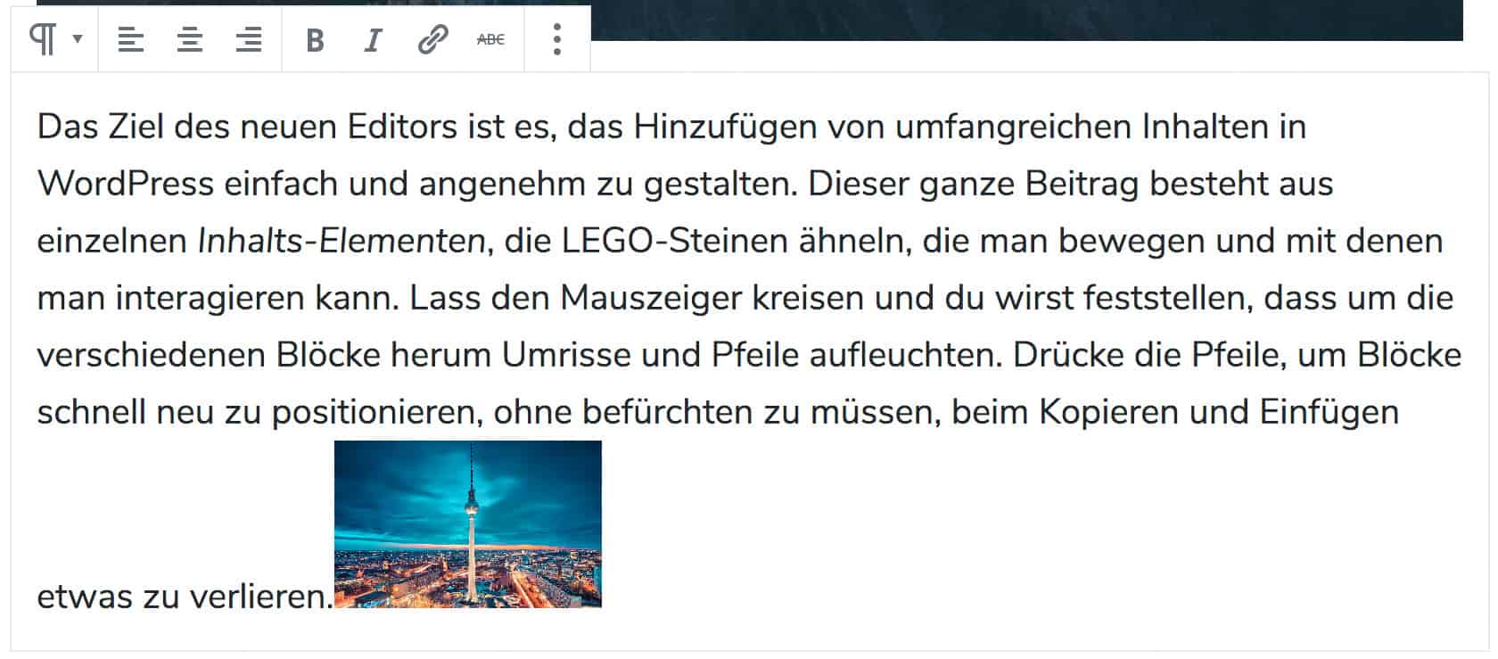 Screenshot eines Beispiels zum Inline-Bild. Ein Bild des Berliner Fernsehturms wurde am Ende eines Absatz-Blocks hinzugefügt.