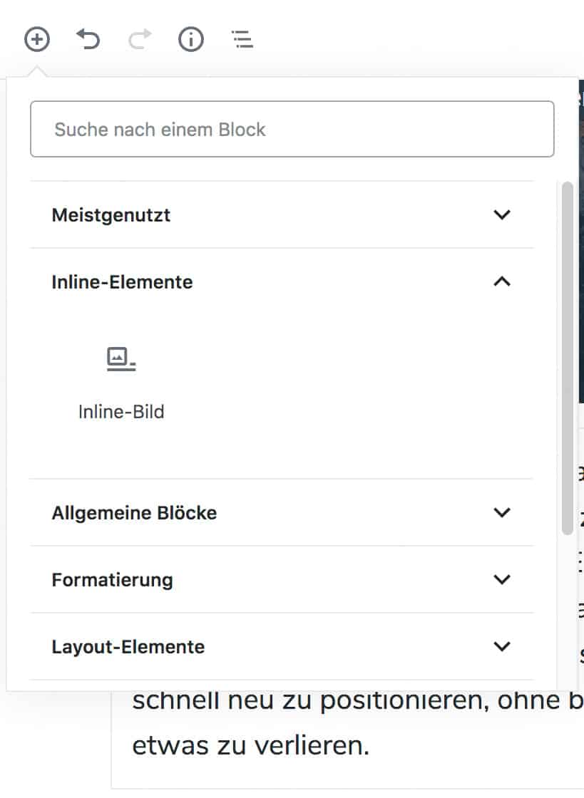 Screenshot des Inserter-Werkzeugs, mit geöffneter Inline-Elemente-Kategorie, die den darin enthaltenen Inline-Bild-Block zeigt.