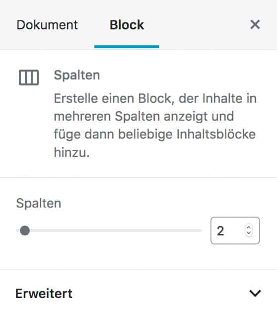 Screenshot der Spalten-Einstellungen in der Seitenleiste.