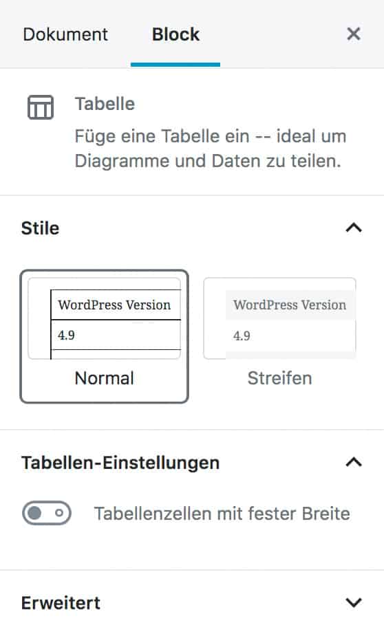 Screenshot der Tabellen-Einstellungen in der Seitenleiste.