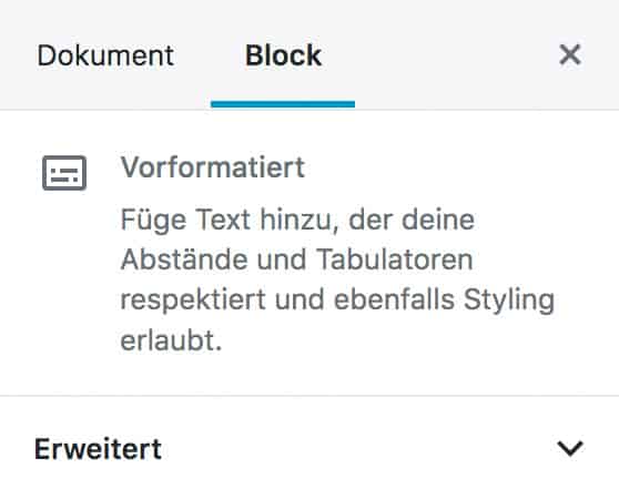 Screenshot der Vorformatiert-Einstellungen in der Seitenleiste.