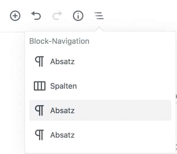 Screenshot des geöffneten Fensters der Block-Navigation. Ein Absatz-Block ist ausgewählt und grau hinterlegt.