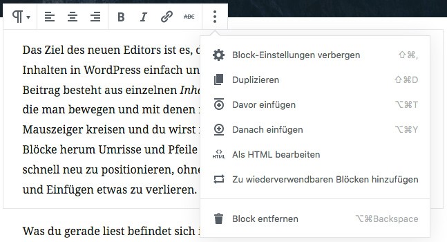 Screenshot eines Ausschnittes, dass das Fenster für das erweiterte Menü an einem Absatz-Block geöffnet zeigt.