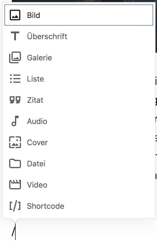 Screenshot des Auswahlfensters, wenn im Absatz-Block ein Schrägstrich eingetippt wird.