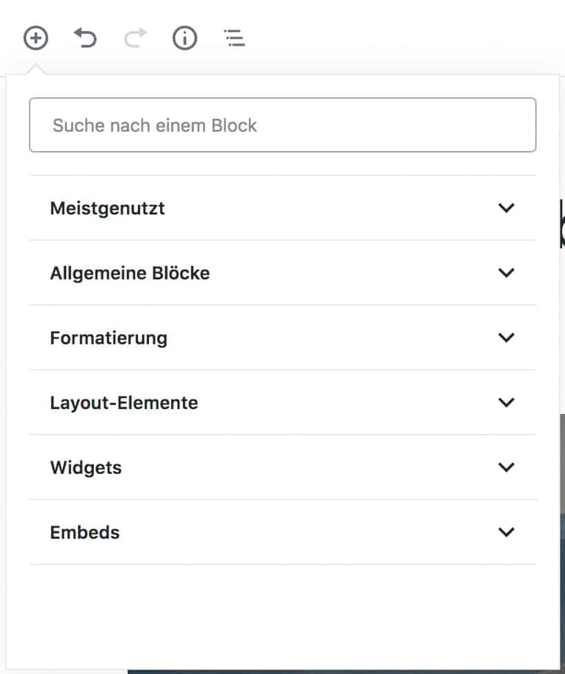 Screenshot des geöffneten Inserter-Werkzeugs mit geschlossenem Meistgenutzt-Tab. Alle Kategorien sind sichtbar.