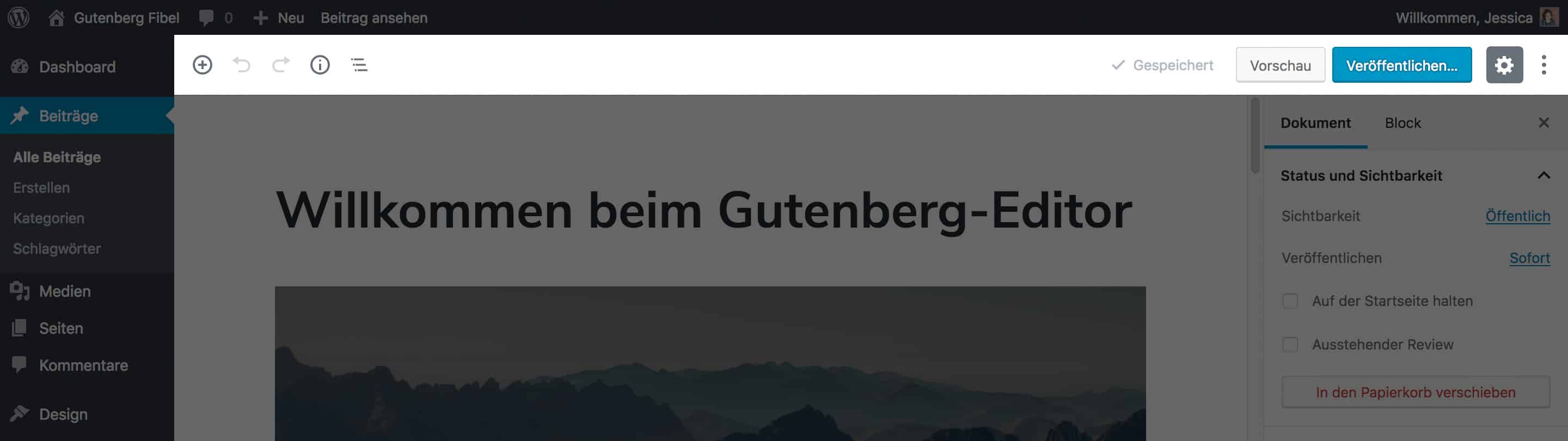 Screenshot des neuen WordPress Block-Editors. Die obere Editor-Leiste ist hervorgehoben.