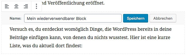Screenshot eines wiederverwendbaren Blocks vor dem Speichern.