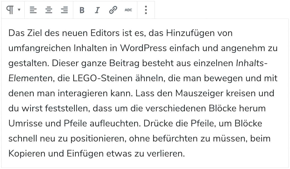 Screenshot des Absatz-Blocks, mit einem hinzugefügtem Beispieltext.