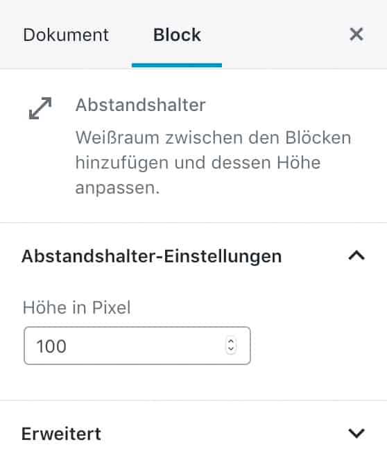 Screenshot der Abstandshalter-Einstellungen in der Seitenleiste.