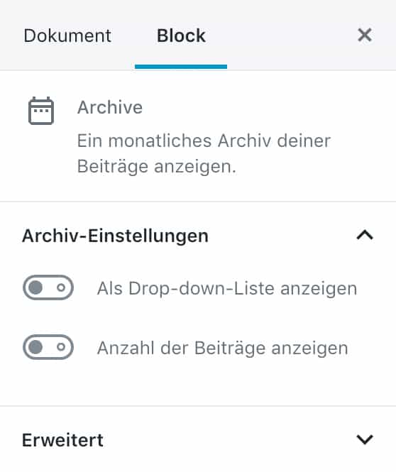 Screenshot der Archive-Einstellungen in der Seitenleiste.