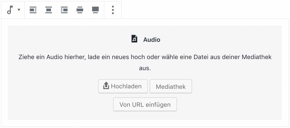 Screenshot des Audio-Blocks, ohne das Inhalt hinzugefügt wurde.