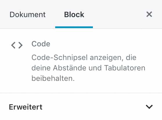 Screenshot der Code-Einstellungen in der Seitenleiste.