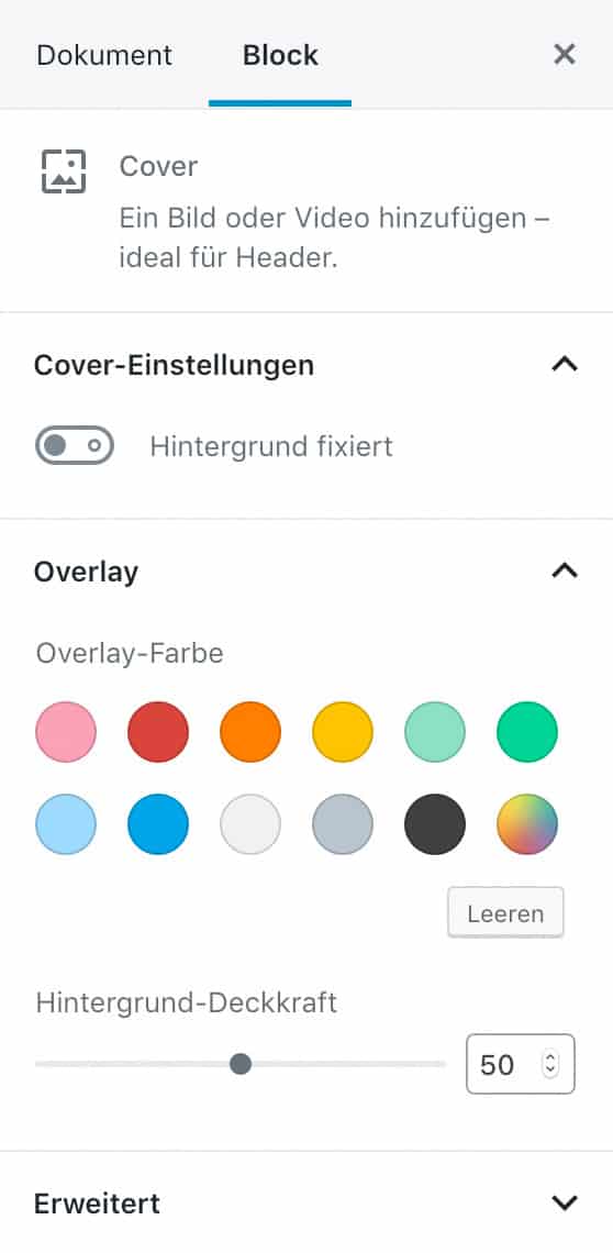Screenshot der Cover-Einstellungen in der Seitenleiste.