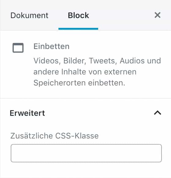 Screenshot der Einbetten-Einstellungen in der Seitenleiste.