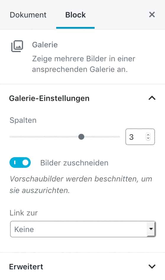 Screenshot der Galerie-Einstellungen in der Seitenleiste.