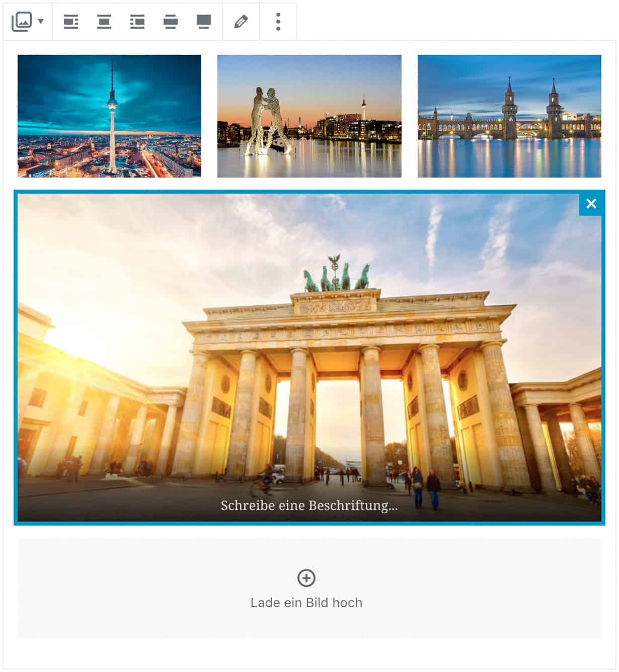 Screenshot des Galerie-Blocks, bei dem vier Beispielbilder Berliner Gebäude hinzugefügt wurden. Das unterste Bild ist im Fokus.