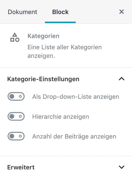 Screenshot der Kategorien-Einstellungen in der Seitenleiste.