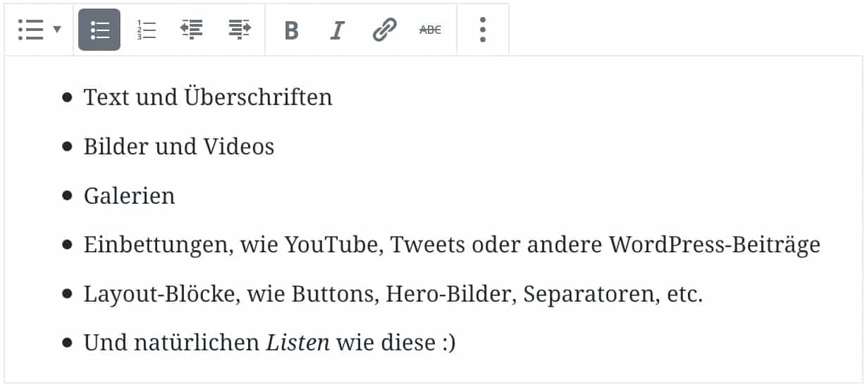 Screenshot des Listen-Blocks, als Beispiel wurden sechs Punkte mit Beispiel-Text zur Liste hinzugefügt.
