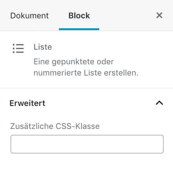 Screenshot der Listen-Einstellungen in der Seitenleiste.