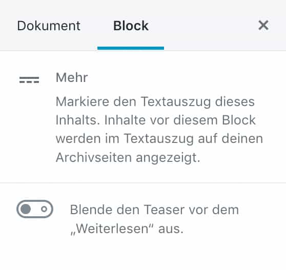 Screenshot der Mehr-Einstellungen in der Seitenleiste.