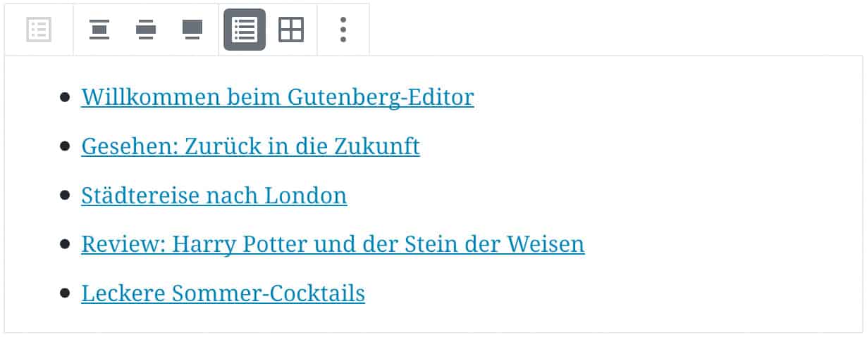 Screenshot des Neueste-Beiträge-Blocks, mit Beispiel-Beiträgen in der Listenansicht.