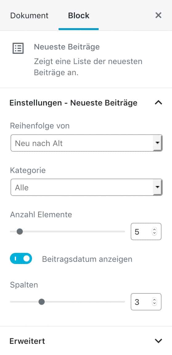 Screenshot der Neueste-Beiträge-Einstellungen in der Seitenleiste.