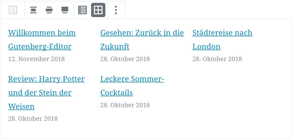 Screenshot des Neueste-Beiträge-Blocks, mit Beispiel-Beiträgen in der Rasteransicht.