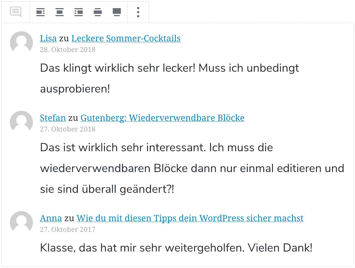 Screenshot des Neueste-Kommentare-Blocks, mit drei Beispiel-Kommentaren.