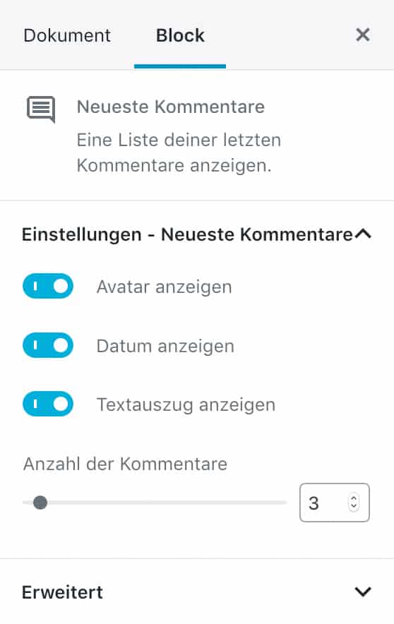 Screenshot der Neueste-Kommentare-Einstellungen in der Seitenleiste.