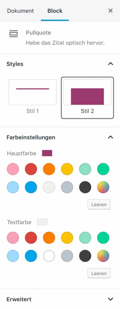 Screenshot der Pullquote-Einstellungen in der Seitenleiste.