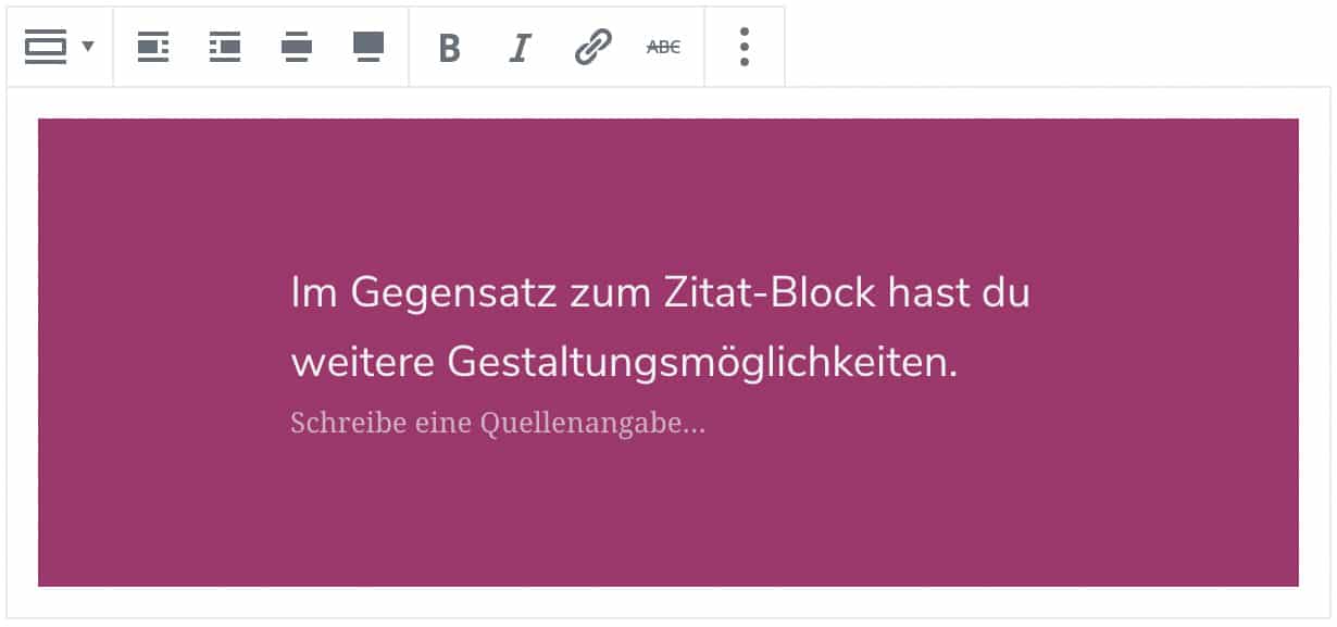 Screenshot des Pullquote-Blocks, nachdem ein Zitat hinzugefügt wurde und der Stil geändert wurde.