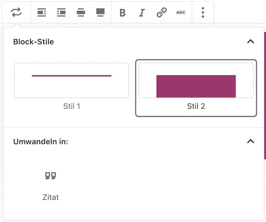 Screenshot des geöffneten Stil- und Umwandeln-Fensters eines Pullquote-Blocks.