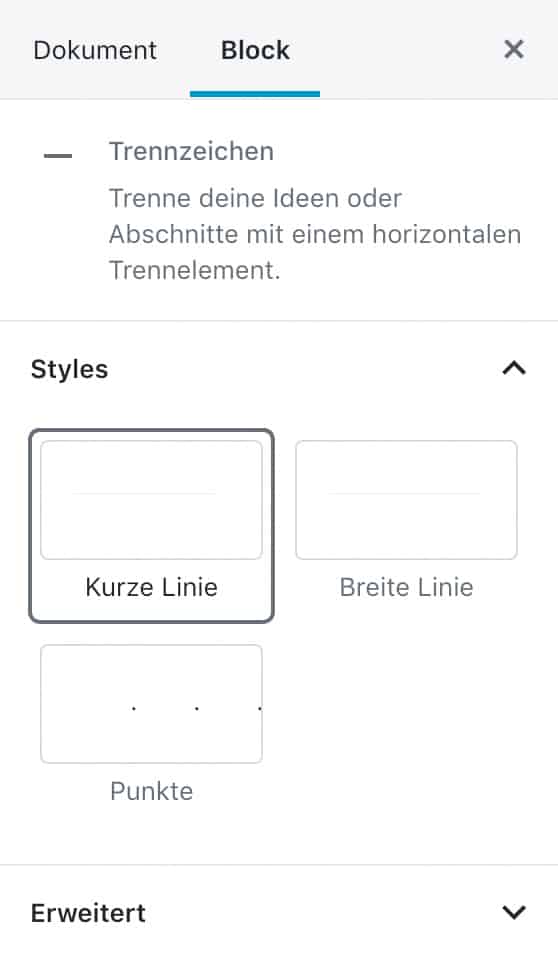 Screenshot der Trennzeichen-Einstellungen in der Seitenleiste.