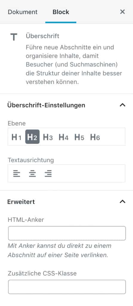 Screenshot der Überschrift-Einstellungen in der Seitenleiste.