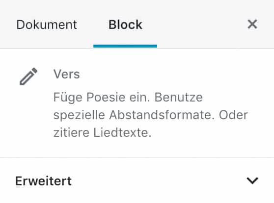 Screenshot der Vers-Einstellungen in der Seitenleiste.