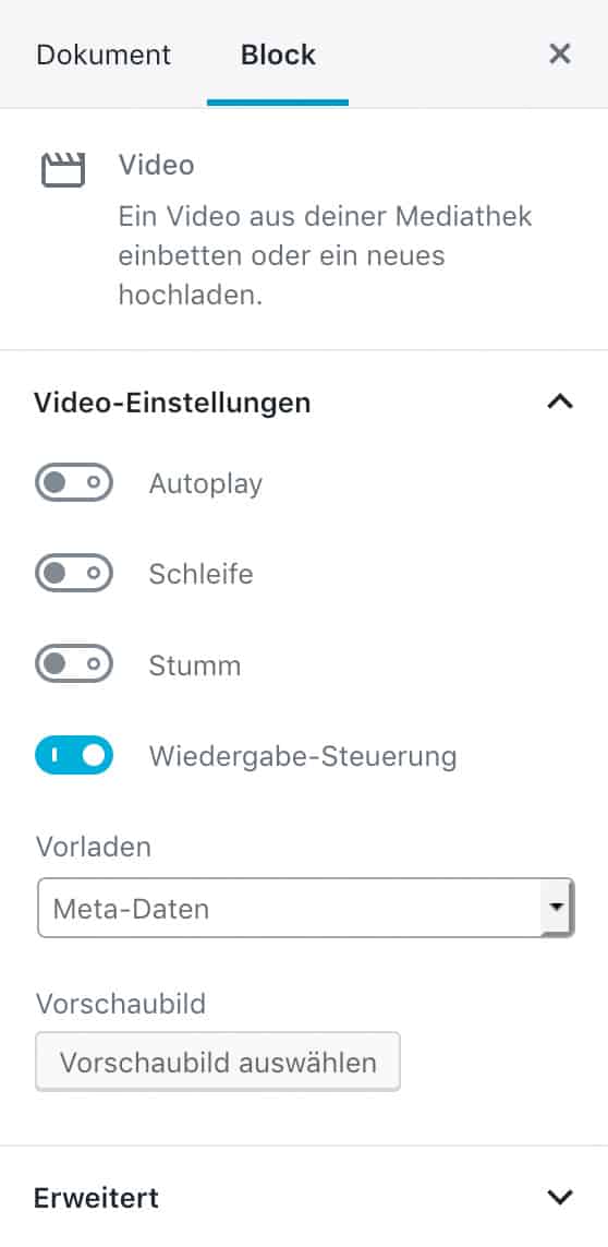 Screenshot der Video-Einstellungen in der Seitenleiste.