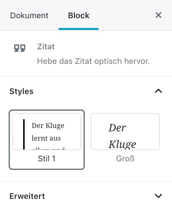Screenshot der Zitat-Einstellungen in der Seitenleiste.