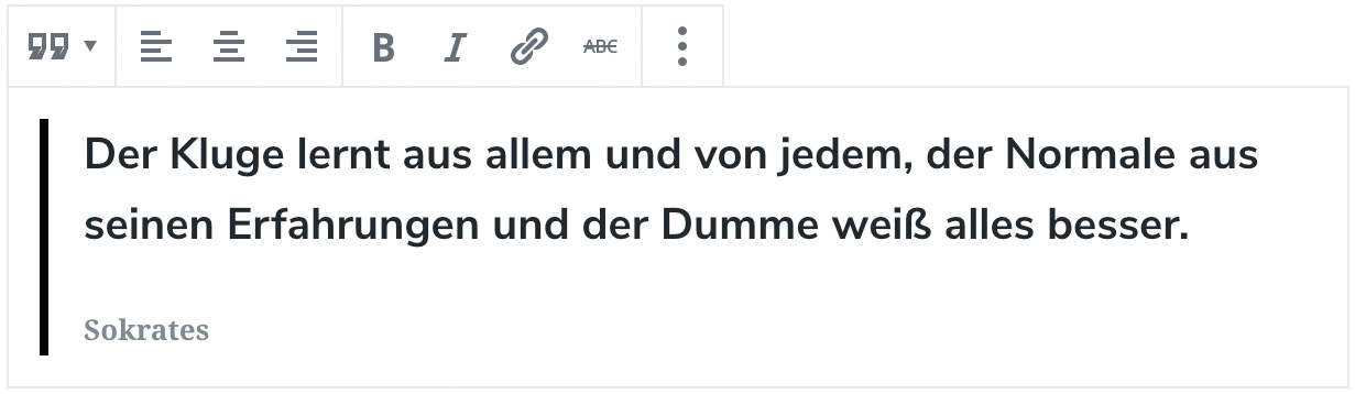 Screenshot des Zitat-Blocks, bei dem ein Beispielzitat von Sokrates hinzugefügt wurde.
