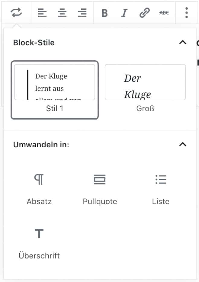Screenshot des geöffneten Stil- und Umwandeln-Fensters eines Zitat-Blocks.