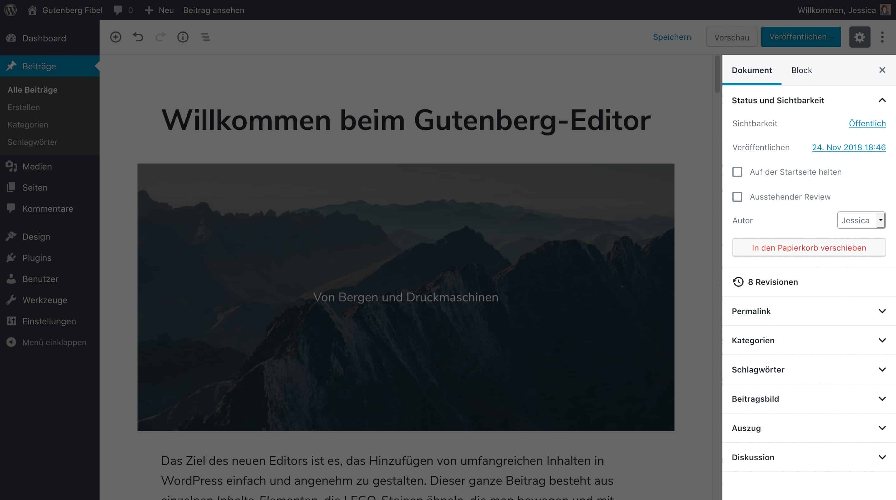 Screenshot des neuen WordPress Block-Editors. Die Seitenleiste ist hervorgehoben.