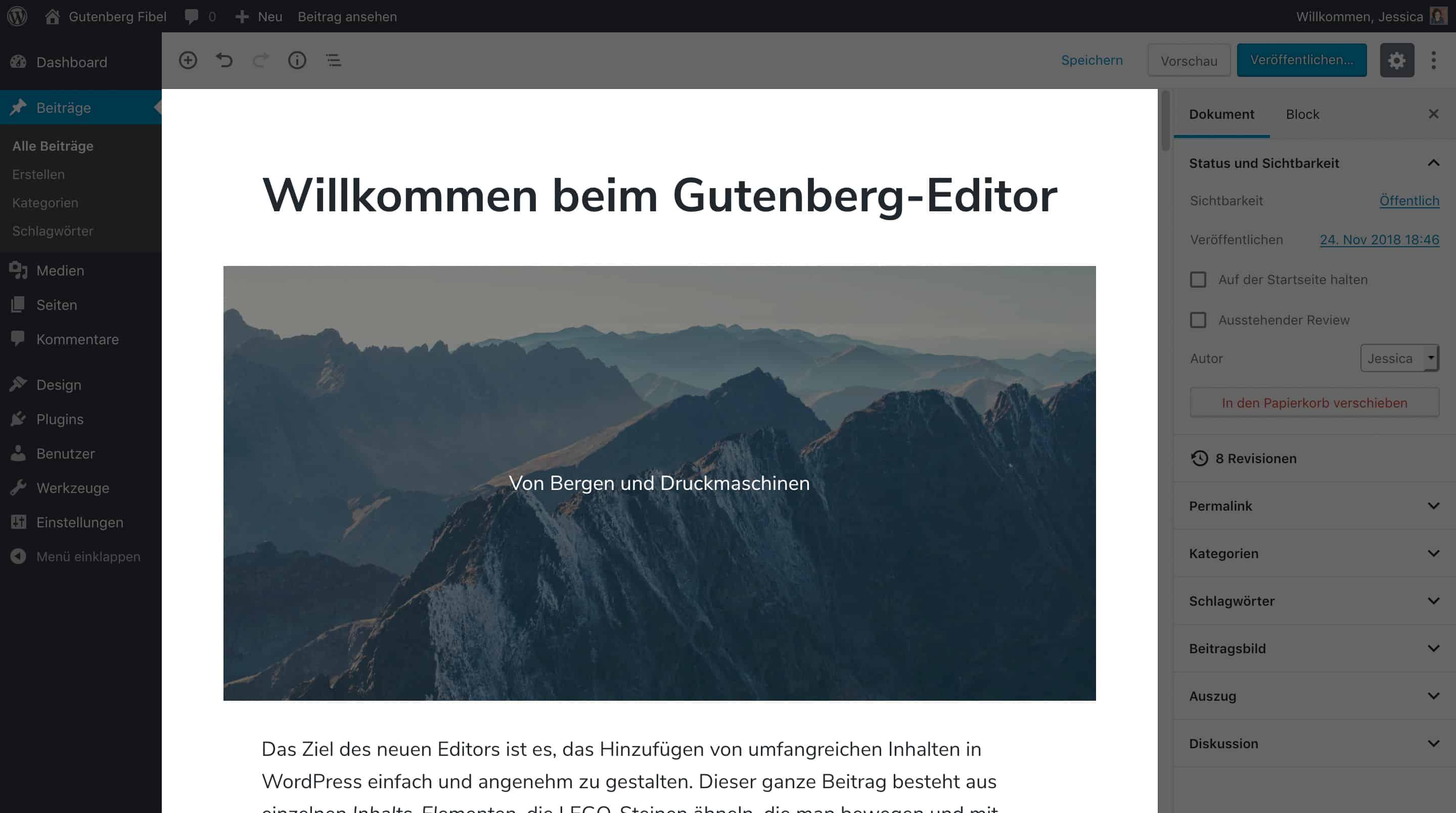 Screenshot des neuen WordPress Block-Editors. Der Inhaltsbereich ist hervorgehoben.