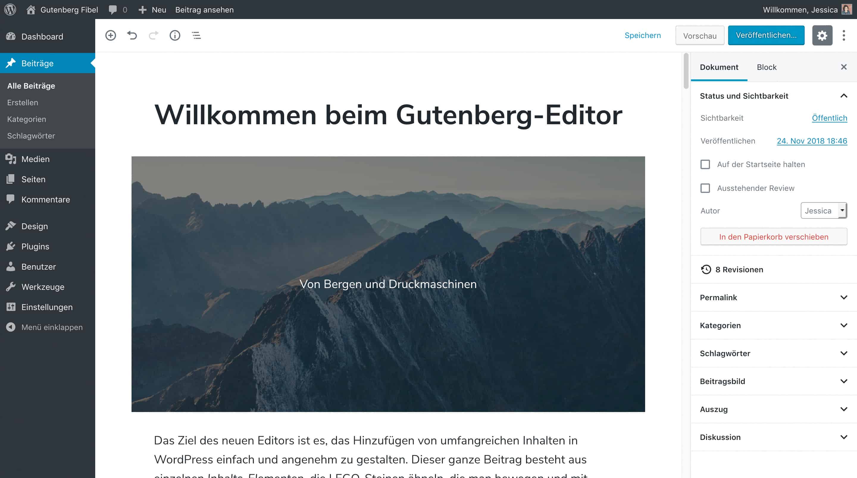 Ein Screenshot des neuen WordPress Block-Editors. Es zeigt einen Beispiel-Beitrag.