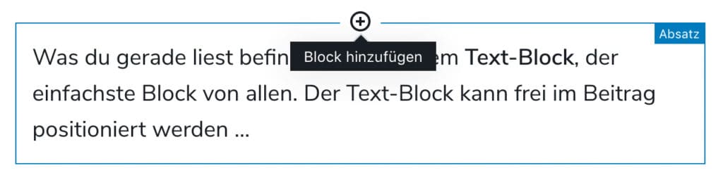 Screenshot eines Absatzes im Block-Editor, wenn der Block mit der Maus fokussiert wird.