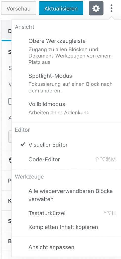 Screenshot des geöffneten Fensters des erweiterten Menüs.
