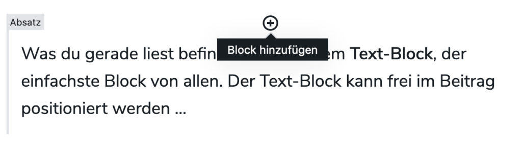 Screenshot eines Absatzes im Block-Editor, wenn der Block mit der Maus fokussiert wird.