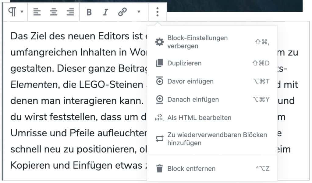 Screenshot eines Ausschnittes, dass das Fenster für das erweiterte Menü an einem Absatz-Block geöffnet zeigt.