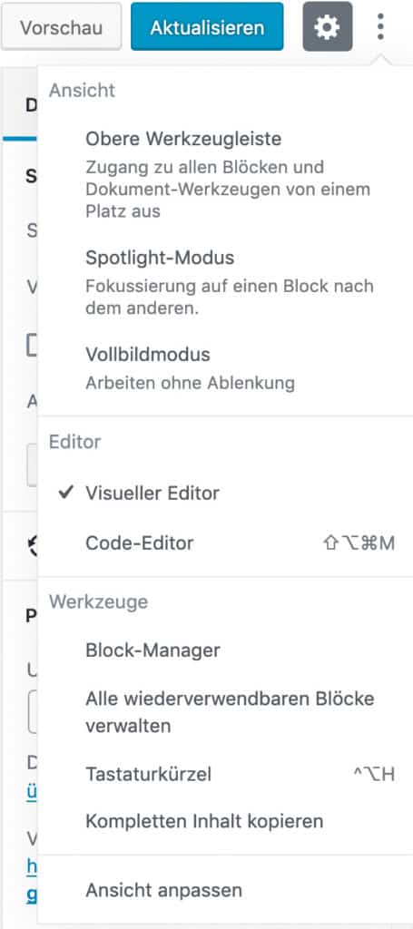 Screenshot des erweiterten Menüs im geöffneten Zustand.