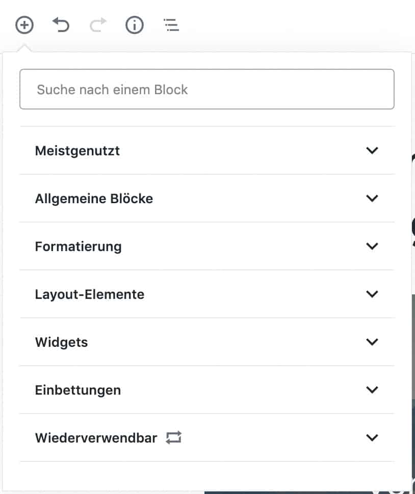 Screenshot des geöffneten Inserter-Werkzeugs mit geschlossenem Meistgenutzt-Tab. Alle Kategorien sind sichtbar.