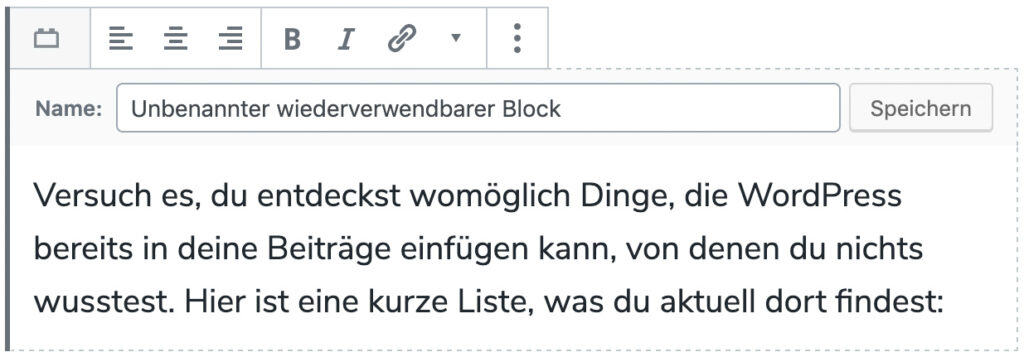 Screenshot eines wiederverwendbaren Blocks vor dem Speichern.