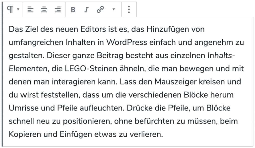 Screenshot des Absatz-Blocks, mit einem hinzugefügtem Beispieltext.